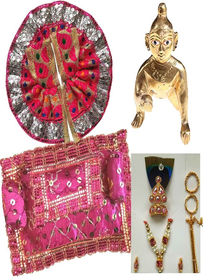 SK Craft Designer Handcrafted Golden Pink Combimation Laddu Gopal Set/Assan/Shringar, Laddu Gopal Gaddi, Laddu Gopal Poshak, Laddu Gopal Murli, Laddu Gopal Shringar Set - Image 1